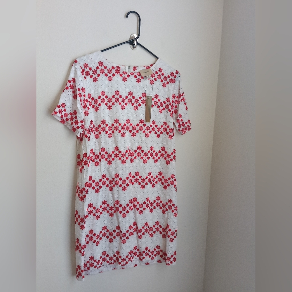 I. Madeline Dress Women M White and Red Eyelets Floral Mini Embroidery Versatile